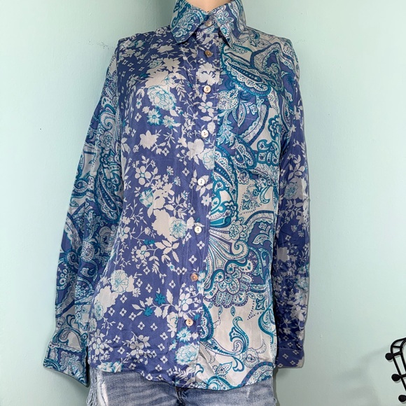 💫STUNNING Vintage 90s Y2K Blue Floral Paisley Silk Long Sleeve Button Down Shirt - Picture 9 of 10